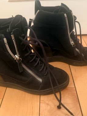 Giuseppe Zanotti Black Suede Lace-Up Wedge Boots with Silver Zippers